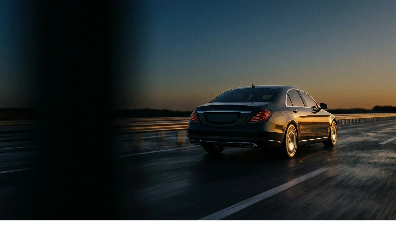 Berlina di lusso nera in movimento su strada al tramonto